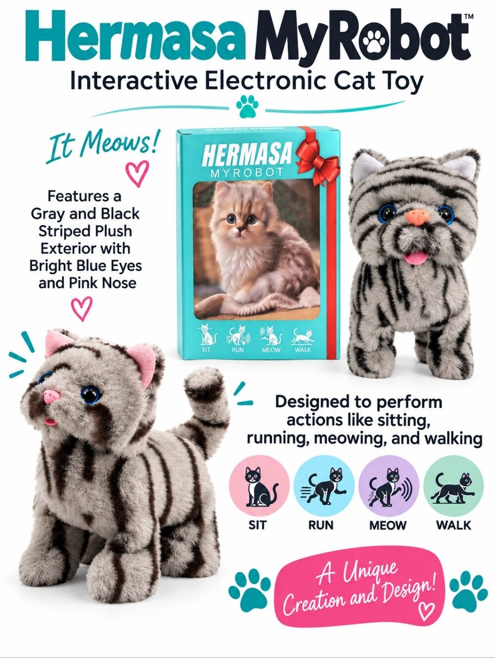 Hermasa Myrobot Interactive Gray Striped Plush Cat Toy